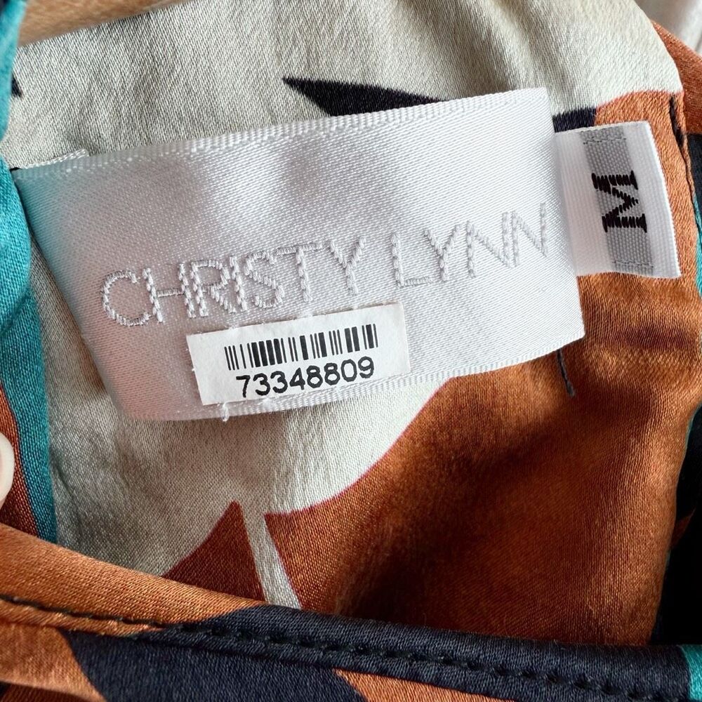 CHRISTY LYNN Silk Floral Dress Size Medium Drop Waist Luxury Brown Red Teal - Picture 9 of 16